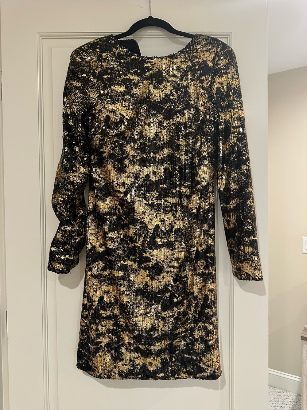Adam Lippes Black and Gold Sequin Long Sleeve Dress